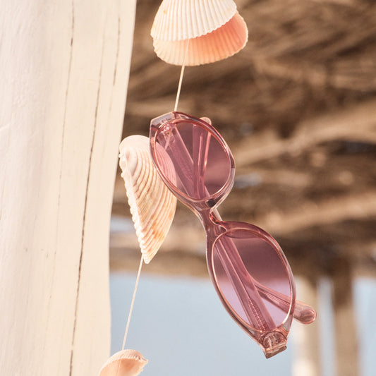 Pink sunglasses hanging from seashells with a beach background