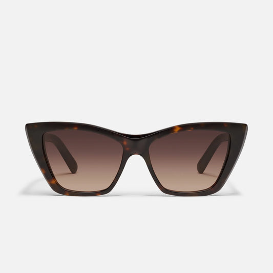 Cat-eye sunglasses with tortoiseshell frame and brown lenses on a white background
