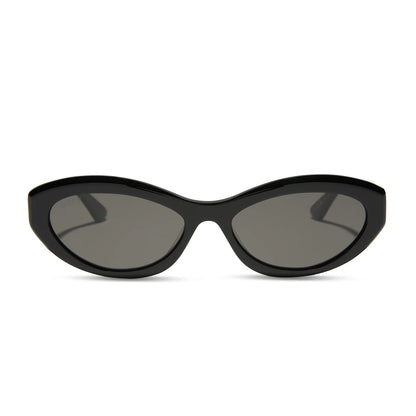 Black sunglasses with dark lenses on a white background