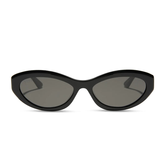 Black sunglasses with dark lenses on a white background
