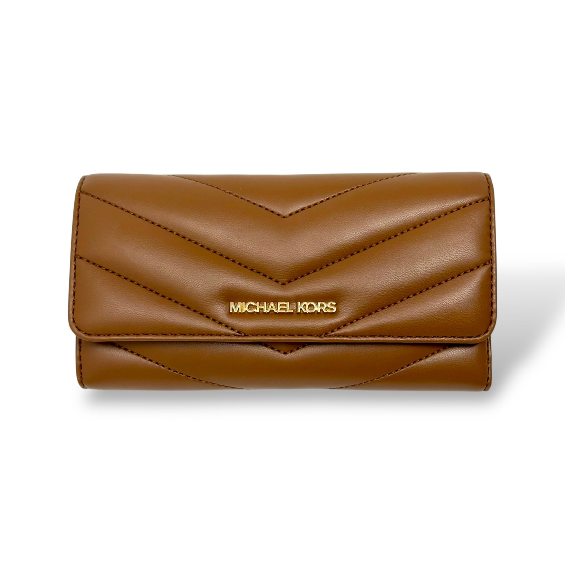 Michael Kors Cognac colored trifold wallet with gold toned logo. Picture features a front facing picture of the closed wallet