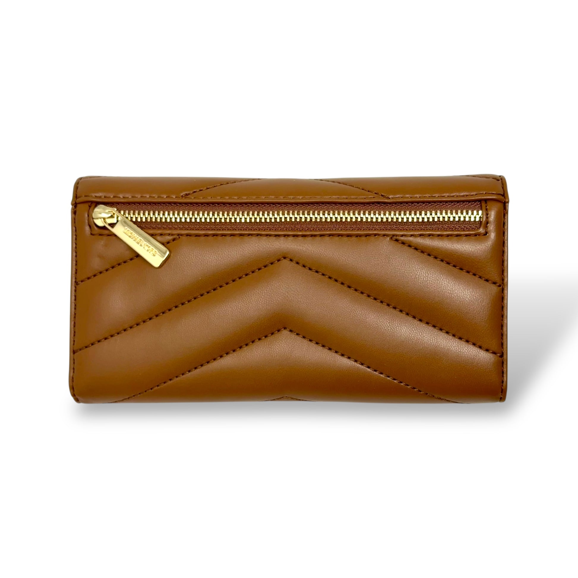 Michael Kors Cognac colored trifold wallet with gold toned logo. Picture features the back of the wallet which has the gold toned zipper for the coin pouch.