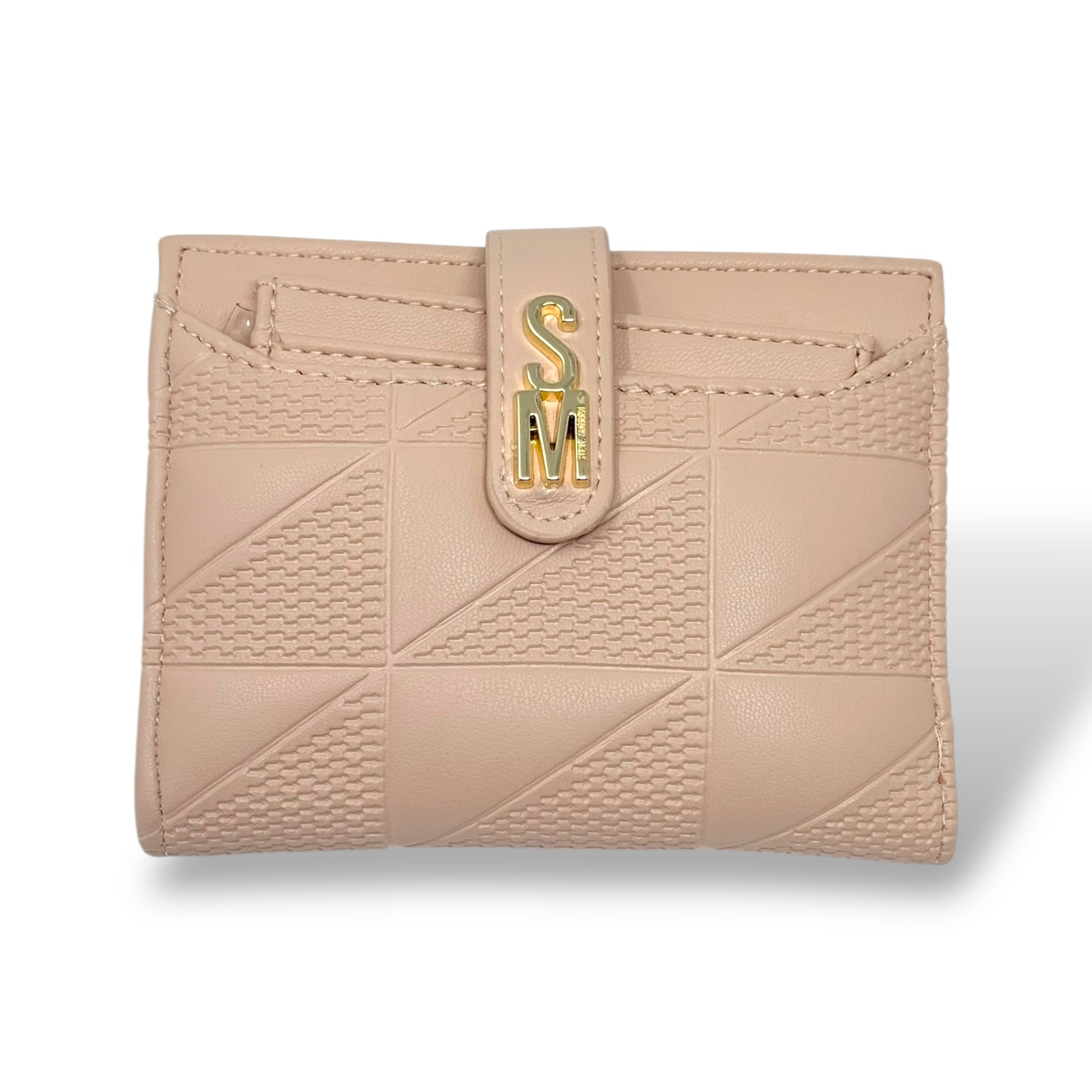 Steve Madden women's light pink wallet with removable card holder. Picture showing front view of the closed wallet so that you can see the closing strap with gold toned logo and the card holder in front pocket. 