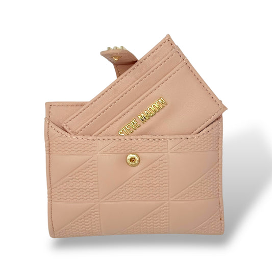 Steve Madden women's light pink wallet with removable card holder. Picture showing front view of the wallet with open snap button and card holder popped out.