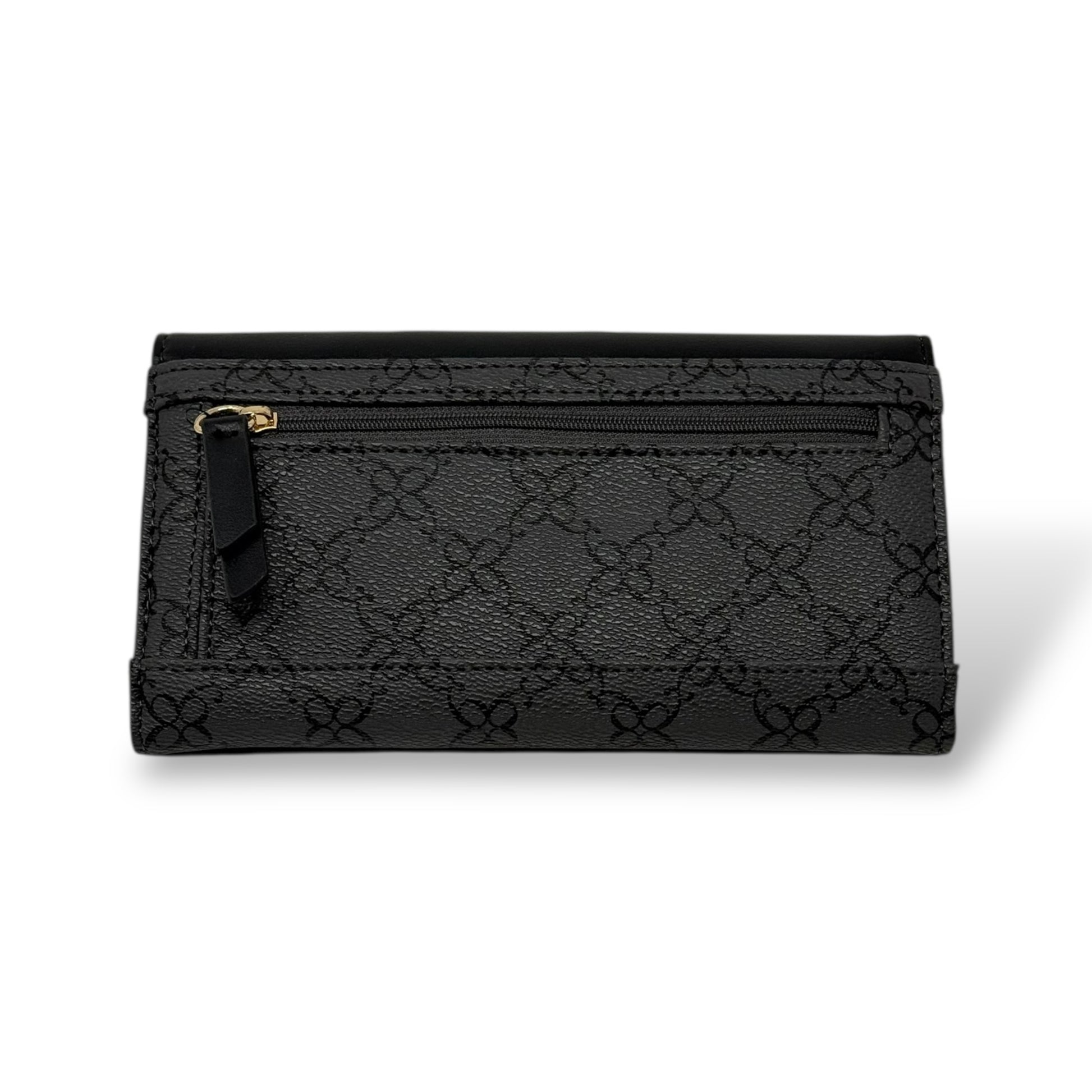 Nine West women’s trifold wallet. Black color with gold toned logo and snap button. Picture featuring the back of the wallet showing the zipper for the coin pouch 