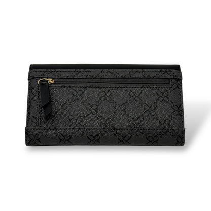Nine West women’s trifold wallet. Black color with gold toned logo and snap button. Picture featuring the back of the wallet showing the zipper for the coin pouch 