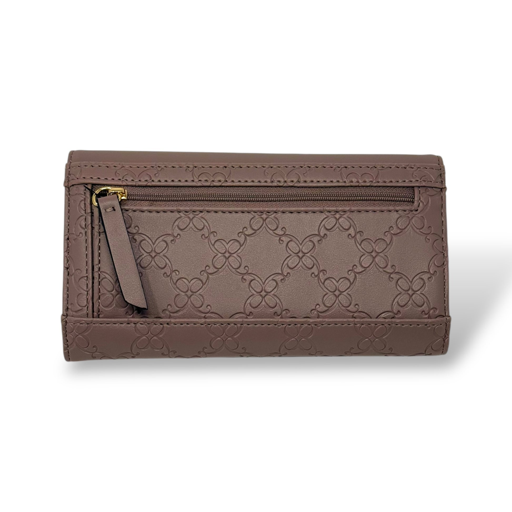 Nine West women’s trifold wallet. Rose quartz color with gold toned logo and snap button. Picture featuring a back view of the wallet showing the zipper for the coin pouch. 