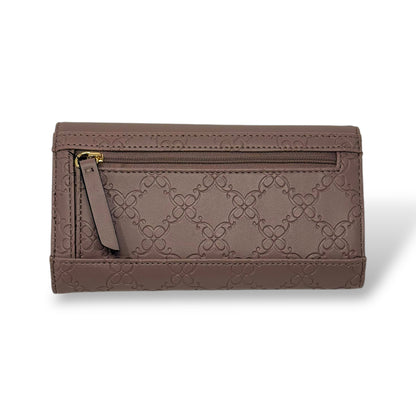 Nine West women’s trifold wallet. Rose quartz color with gold toned logo and snap button. Picture featuring a back view of the wallet showing the zipper for the coin pouch. 