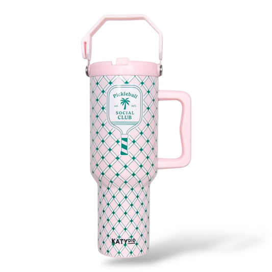 Pink and green pick all theme tumbler with white background 

38 ounces
includes reusable plastic straw
all-day chill or heat
