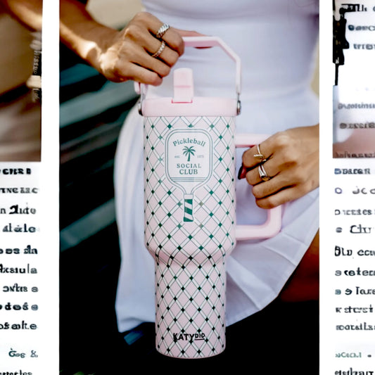 Pink and green pick all theme tumbler being held by women’s hands background 

38 ounces
includes reusable plastic straw
all-day chill or heat