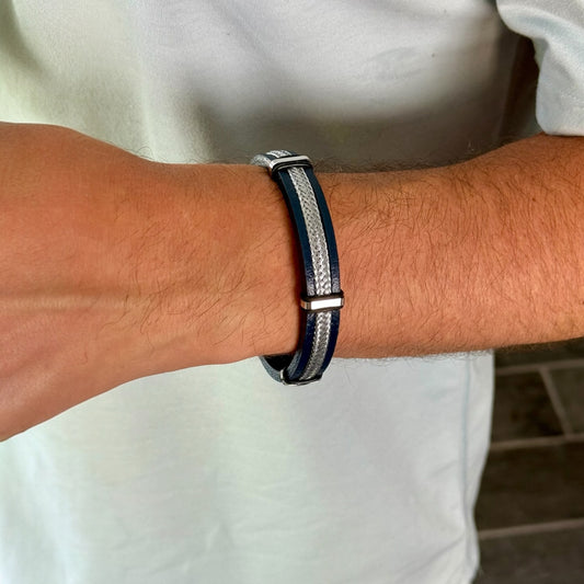 Men's Stainless Steel Polished Blue Leather and Wire 8.5in Bracelet