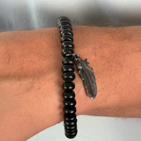 Men's Belle Amore Matte Blk Agate Rhondelle and Brass Feather Beaded Bracelet