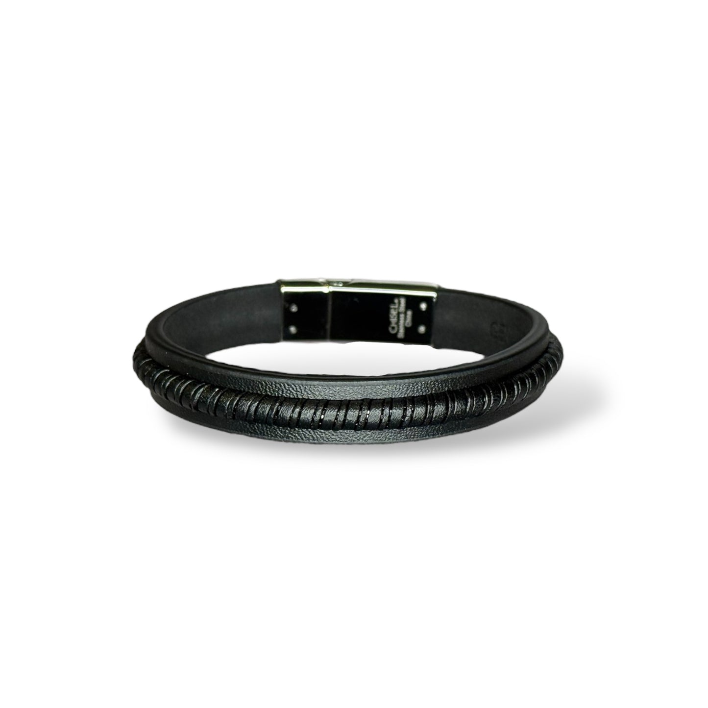 Men's Stainless Steel Polished Black Leather 8.25in Bracelet