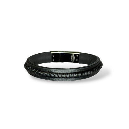 Men's Stainless Steel Polished Black Leather 8.25in Bracelet
