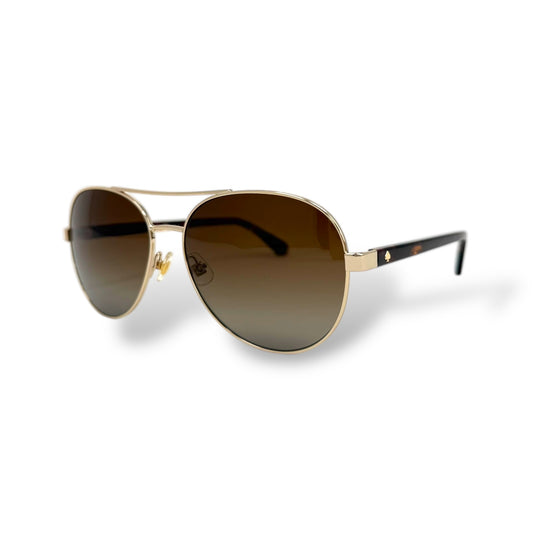 Gold-framed sunglasses with brown lenses on a white background
Kate Spade - Averie/S
Frame style: aviator
Frame Color: gold-tone wire frame with brown tortoise color arms
Lens Color: brown gradient