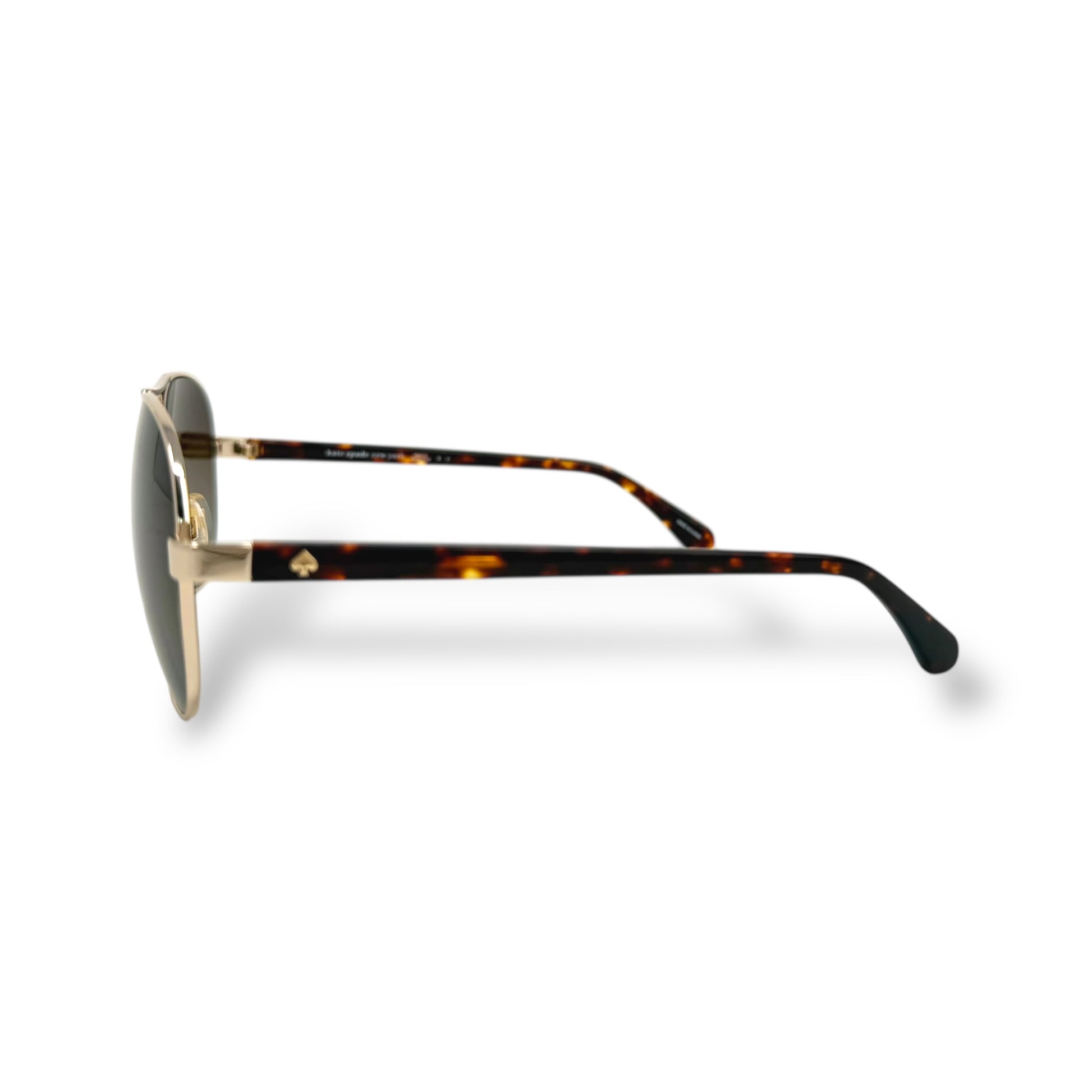 Sunglasses with tortoiseshell frame and dark lenses on a white 
background
Kate Spade - Averie/S
Frame style: aviator
Frame Color: gold-tone wire frame with brown tortoise color arms
Lens Color: brown gradient