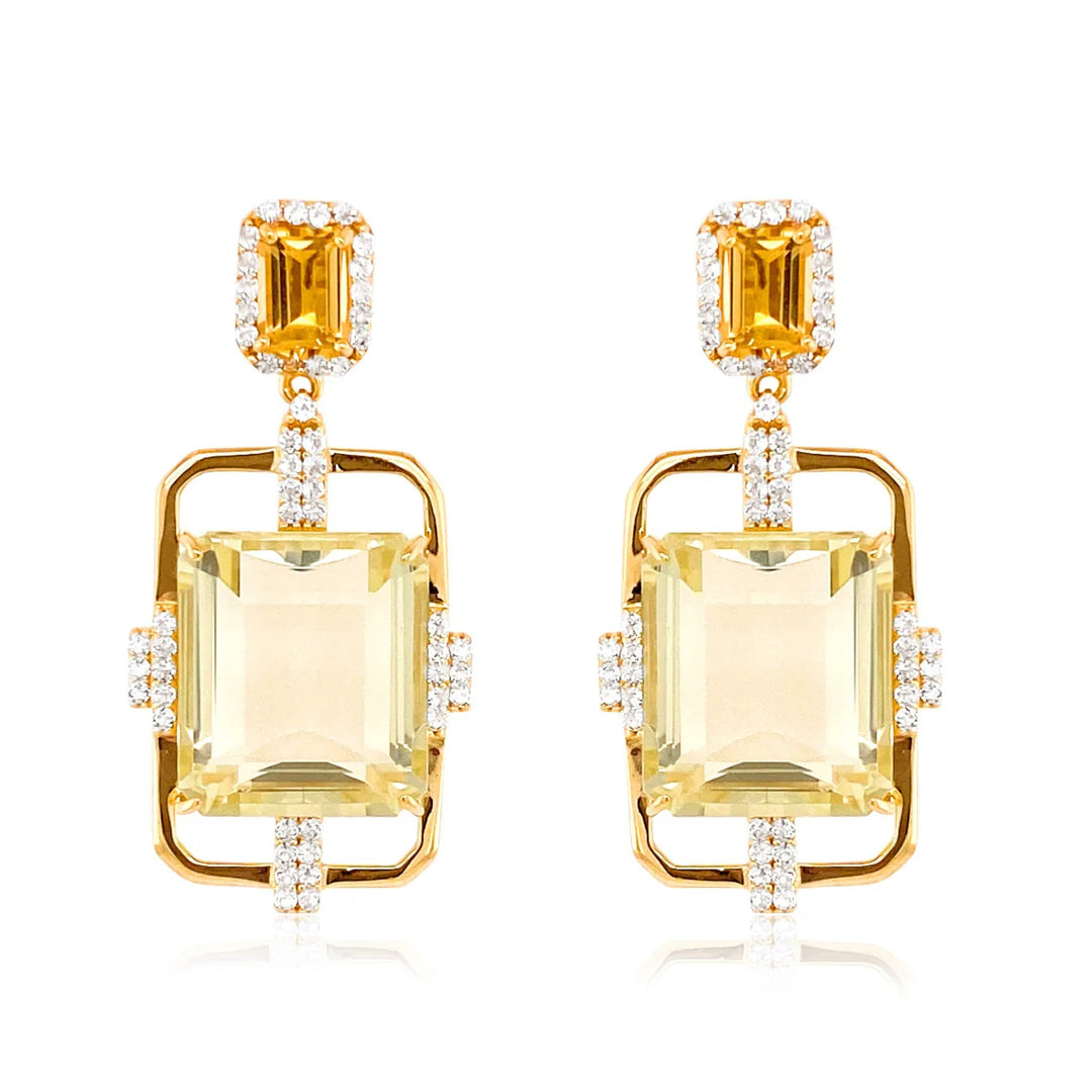 Gold earrings with yellow gemstones on a white background
Material: 18k yellow gold vermeil over 925 Silver - 6.2 grs, Emerald cut Off-White Citrine, Citrine - 27.1 cts, and 102 white topaz round 1 mm diamond cut
Color: yellow gold, white, yellow, citrine
Closure: Post