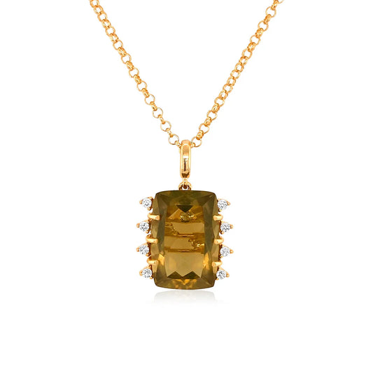 Gold necklace with a large rectangular green gemstone pendant on a white background
18K Yellow Gold Plated over 925 Silver - 3.5 grs
Antique cut Olive Quartz - 10.6 cts
11 White Topaz round 1.0 mm diamond cut