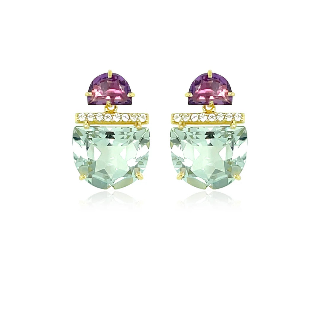 Pair of earrings with green and purple gemstones on a white background
18k Yellow Gold plated&nbsp;over 925 Silver - 2.5 grs
Half moon cut Amethyst, Praziolite- 10.6 cts
16 White Topaz round 1.0 mm diamond cut