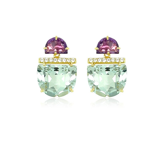 Pair of earrings with green and purple gemstones on a white background
18k Yellow Gold plated&nbsp;over 925 Silver - 2.5 grs
Half moon cut Amethyst, Praziolite- 10.6 cts
16 White Topaz round 1.0 mm diamond cut