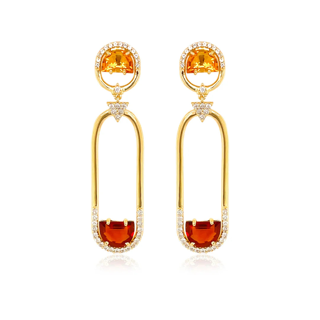 gold drop earrings with gemstones on white background 
18K Yellow Gold plated over 925 Silver - 6.2 grs
Half moon cut Madeira Citrine, Yellow Citrine - 4 cts
78 White Topaz round 1.0 mm diamond cut
Color: gold, white, citrus yellow, burnt orange
Measurements: 3 mm thickness, 4 cm length, 1 cm width