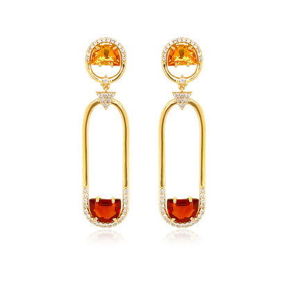 gold drop earrings with gemstones on white background 
18K Yellow Gold plated over 925 Silver - 6.2 grs
Half moon cut Madeira Citrine, Yellow Citrine - 4 cts
78 White Topaz round 1.0 mm diamond cut
Color: gold, white, citrus yellow, burnt orange
Measurements: 3 mm thickness, 4 cm length, 1 cm width