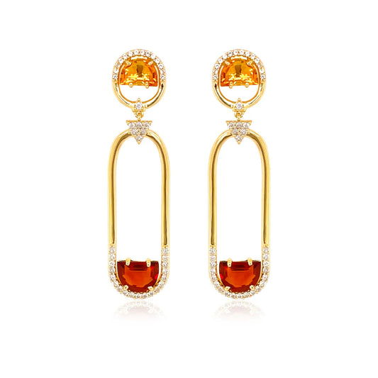gold drop earrings with gemstones on white background 
18K Yellow Gold plated over 925 Silver - 6.2 grs
Half moon cut Madeira Citrine, Yellow Citrine - 4 cts
78 White Topaz round 1.0 mm diamond cut
Color: gold, white, citrus yellow, burnt orange
Measurements: 3 mm thickness, 4 cm length, 1 cm width