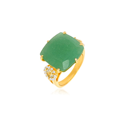 Gold ring with a large green stone on a white background top view 
18K Yellow Gold Vermeil over 925 Silver - 4.3 grs
Cushion cut Green Quartz, Prasiolite - 11.0 cts
26 White Topaz round 1.0 mm diamond cut