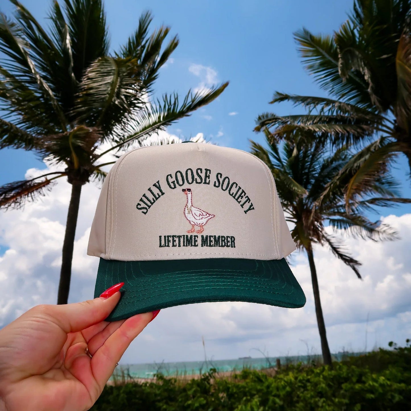 Cap with 'Silly Goose Society Lifetime Member' text held in front of palm trees and blue sky.