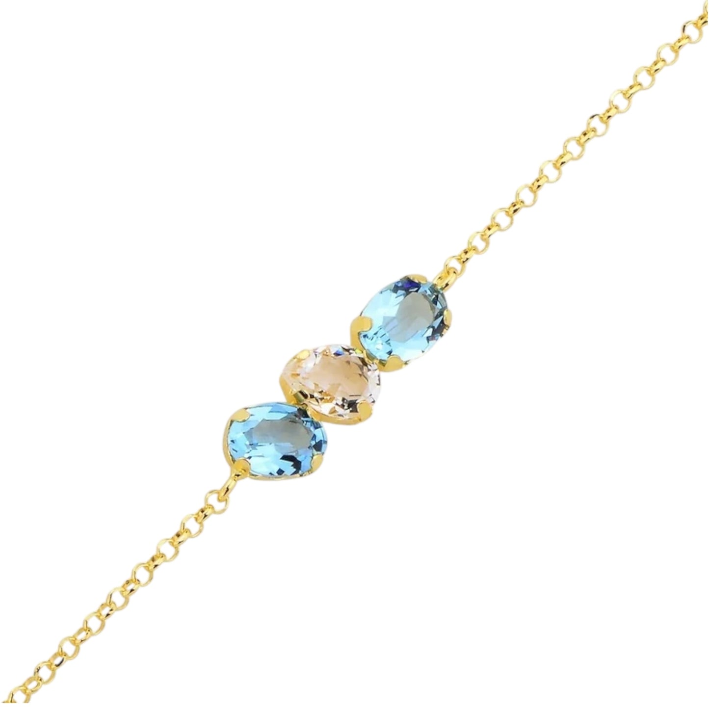 Gold necklace with blue and beige gemstones on a white background
Material: 925 sterling silver, gold plated, light blue with white or light green with white Swarovski crystals&nbsp;

Color: gold, light blue with white or light green with white

Measurement: 6" length, 1" extension, 5 mm wide trio Swarovski Crystals