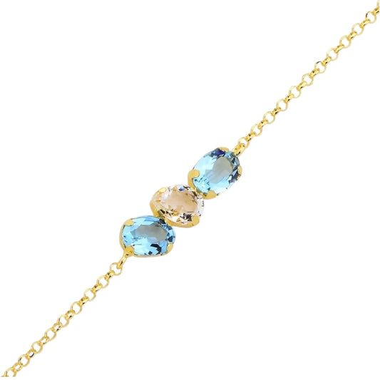 Gold necklace with blue and beige gemstones on a white background
Material: 925 sterling silver, gold plated, light blue with white or light green with white Swarovski crystals&nbsp;

Color: gold, light blue with white or light green with white

Measurement: 6" length, 1" extension, 5 mm wide trio Swarovski Crystals