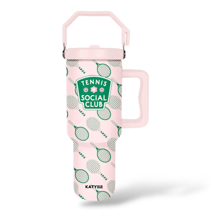 Pink and green tennis club tumbler 

38 ounces
includes reusable plastic straw
all-day chill or heat