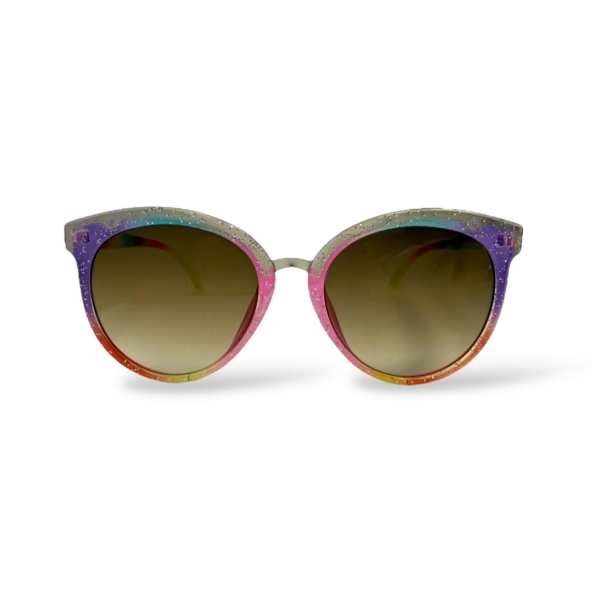 Multicolored cat-eye sunglasses on a white background
Frame style: round

Frame Color: rainbow glitter frame

Lens Color:&nbsp; brown gradient

Measurements: 50 mm - 10 mm - 130 mm