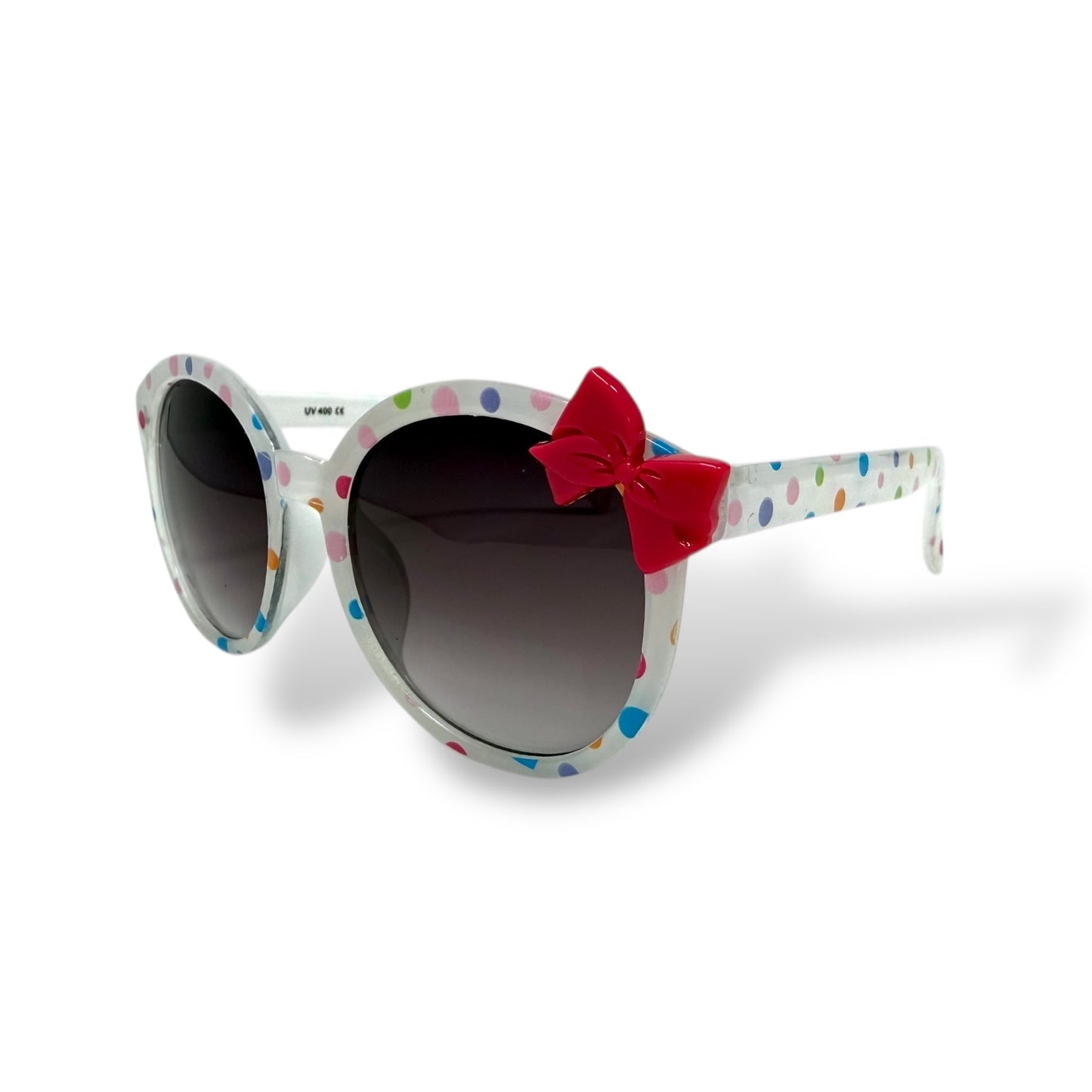Sunglasses with a red bow on a white background
Frame style: round&nbsp;

Frame Color: White with pink bow and colorful polka dots

Lens Color:&nbsp; black gradient

Measurements: 47 mm - 8 mm - 120 mm