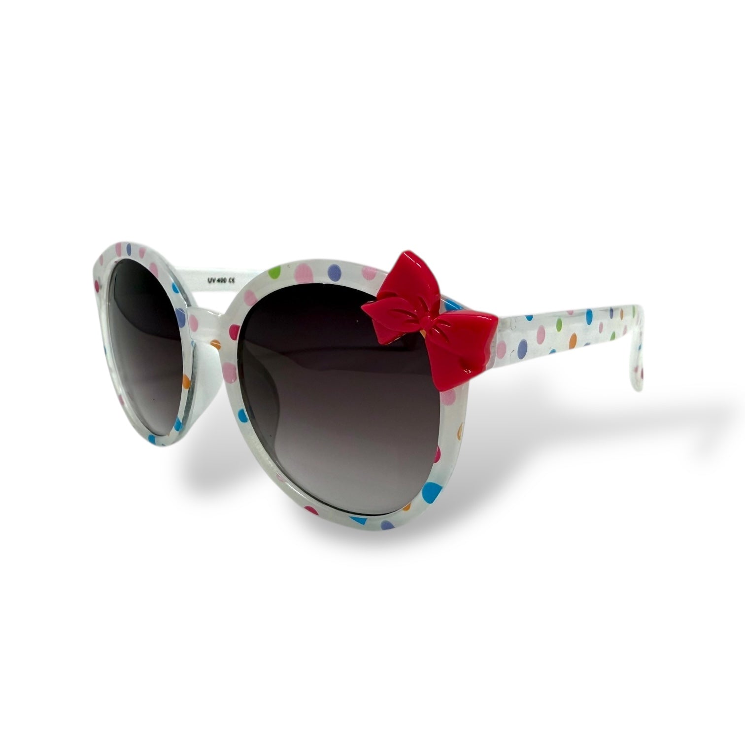 Sunglasses with a red bow on a white background
Frame style: round&nbsp;

Frame Color: White with pink bow and colorful polka dots

Lens Color:&nbsp; black gradient

Measurements: 47 mm - 8 mm - 120 mm