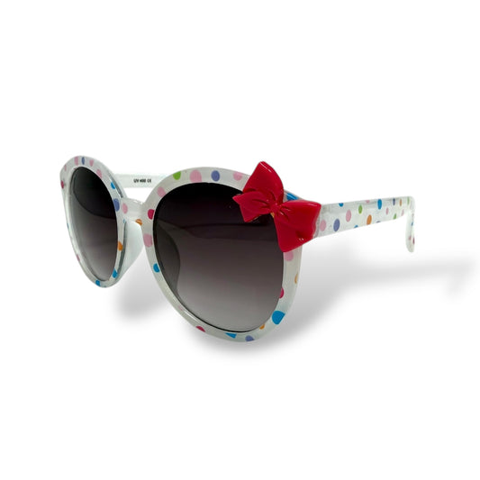 Sunglasses with a red bow on a white background
Frame style: round&nbsp;

Frame Color: White with pink bow and colorful polka dots

Lens Color:&nbsp; black gradient

Measurements: 47 mm - 8 mm - 120 mm
