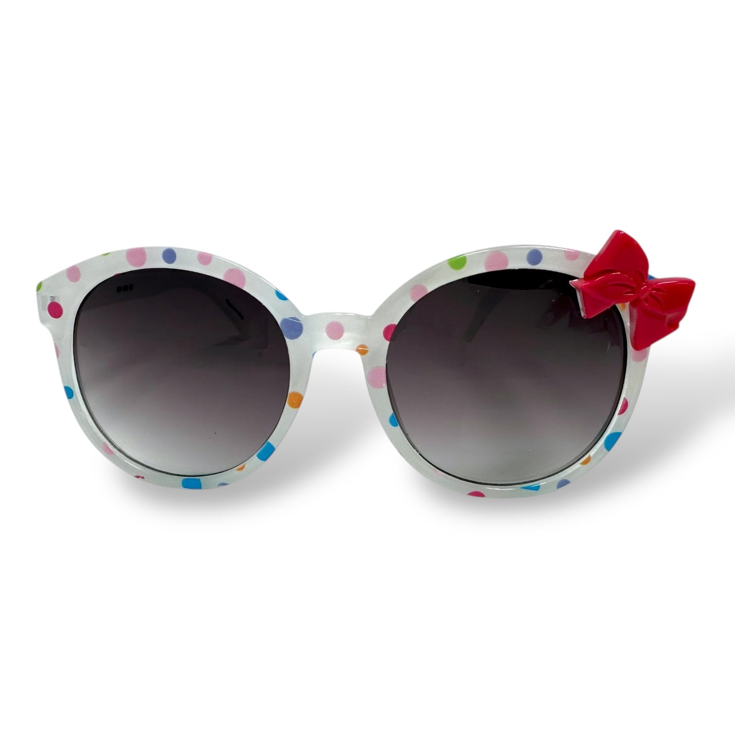 Sunglasses with colorful polka dot frame and red bow on a white background
Frame style: round&nbsp;

Frame Color: White with pink bow and colorful polka dots

Lens Color:&nbsp; black gradient

Measurements: 47 mm - 8 mm - 120 mm