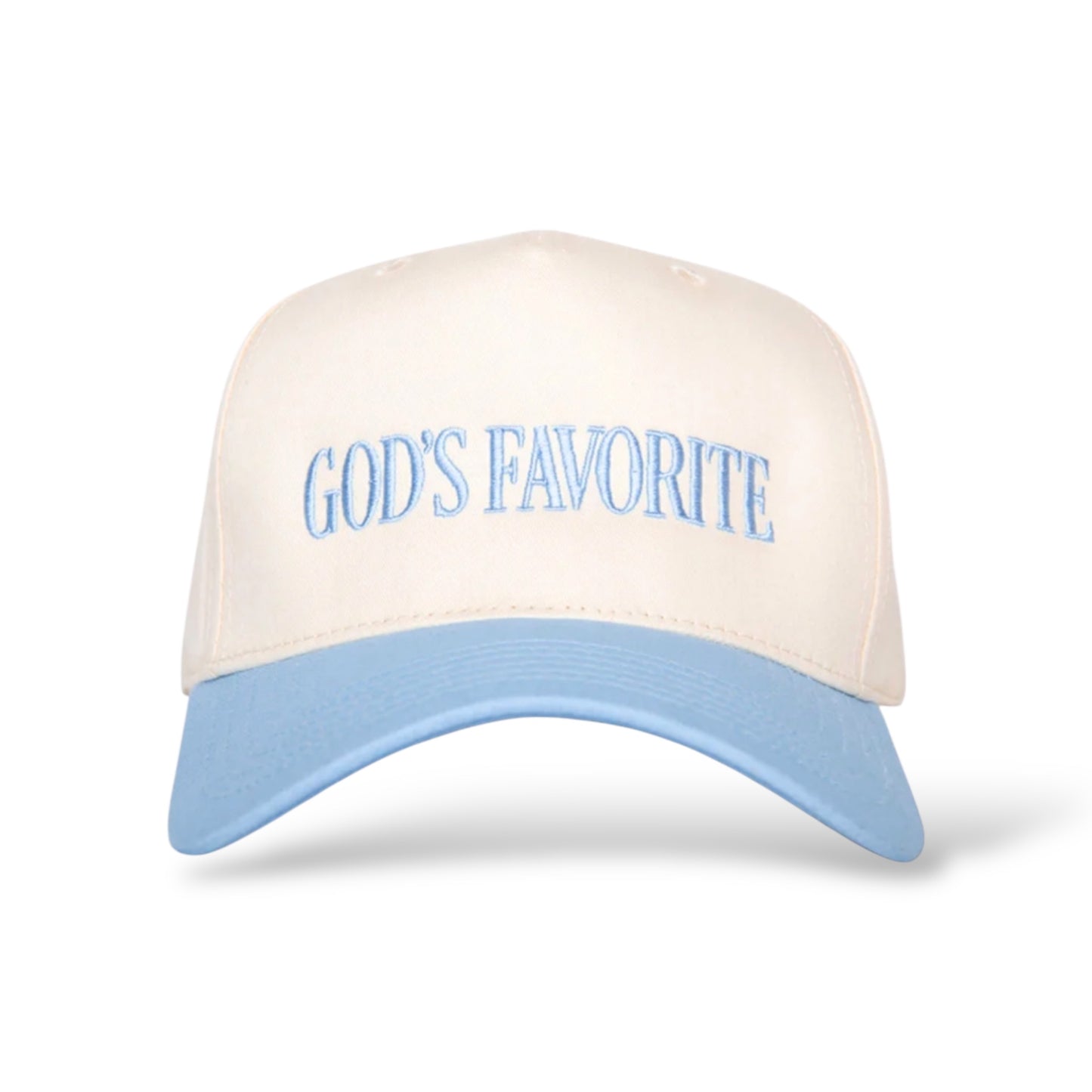 Cap with 'God's Favorite' text on a white background
Color: tan and light blue two-toned hat

Style: 5 panel structured fabric trucker hat

Closure: snapback adjustable sizing

Material: 65% polyester, 35% cotton