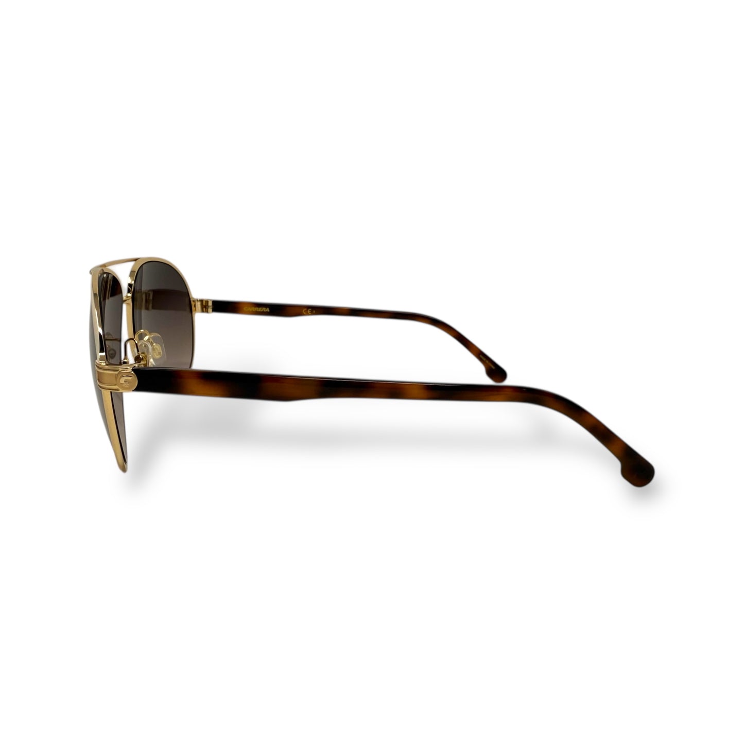 Sunglasses with tortoiseshell frame and gold accents on a white background
Carrera - 1051/S 0Y3R HA

Frame style: Aviator, lightweight&nbsp;

Frame Color: gold wire frame with brown tortoise shell arms

Lens Color: brown gradient