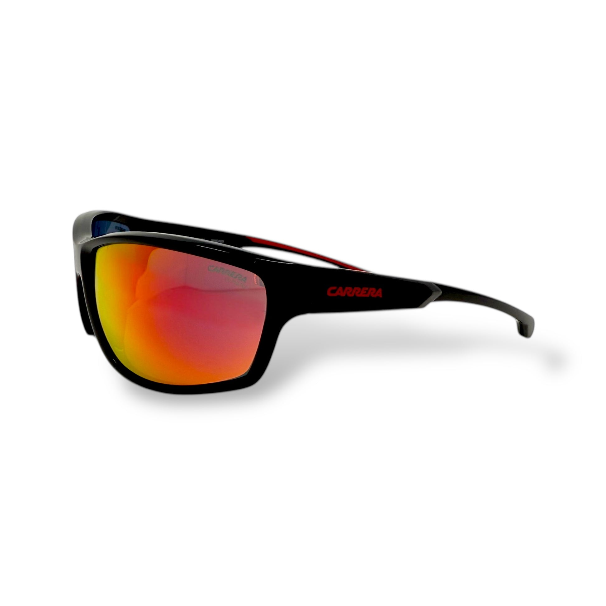 Sunglasses with red mirrored lenses and black frame on a white background 
Carrera - CARDUC 002/S 0OIT UZ

Frame style: wrap around, lightweight&nbsp;

Frame Color: sleek black with red detailing

Lens Color: black &nbsp;

lens technology: 100% UVA/B sun protection 