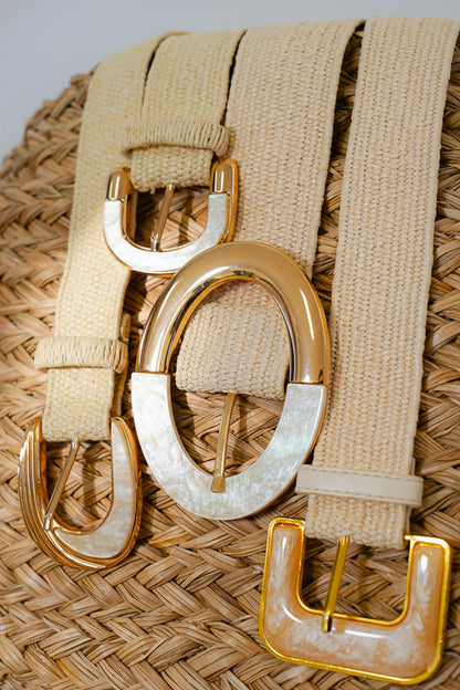 Shiny Two-Toned Buckle Raffia Stretch Belt
