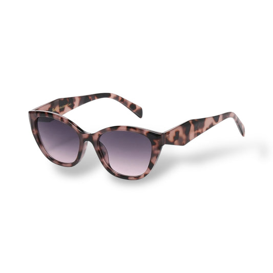 Sunglasses with tortoiseshell frame and gradient purple lenses on a white background