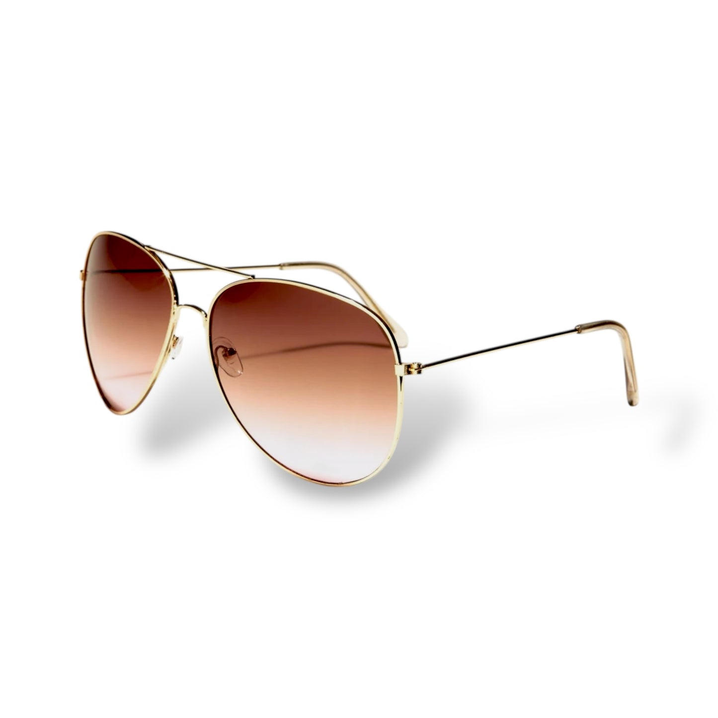 Gold-framed sunglasses with brown gradient lenses on a white background