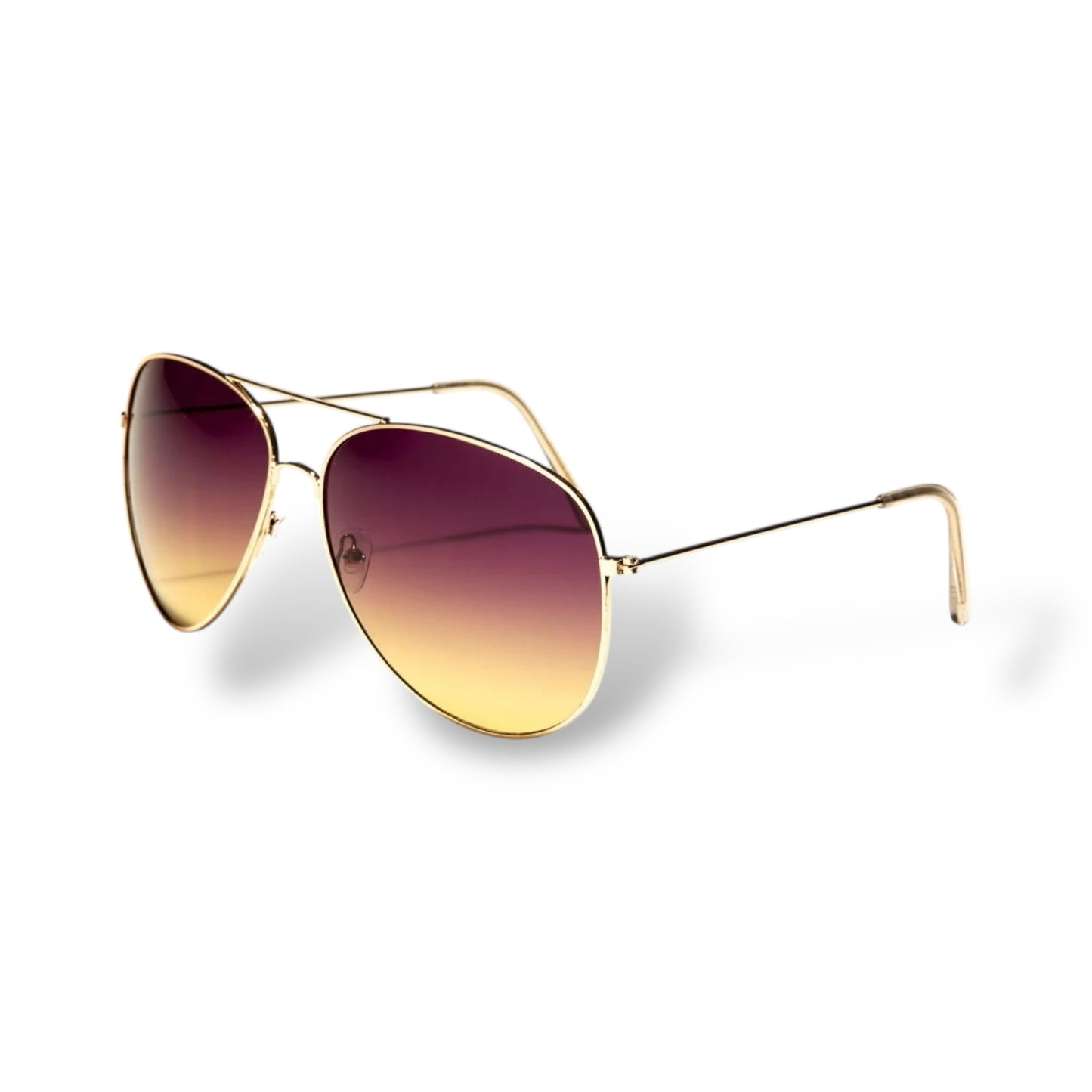 Aviator sunglasses with gold frame and gradient light brown lenses on a white background 