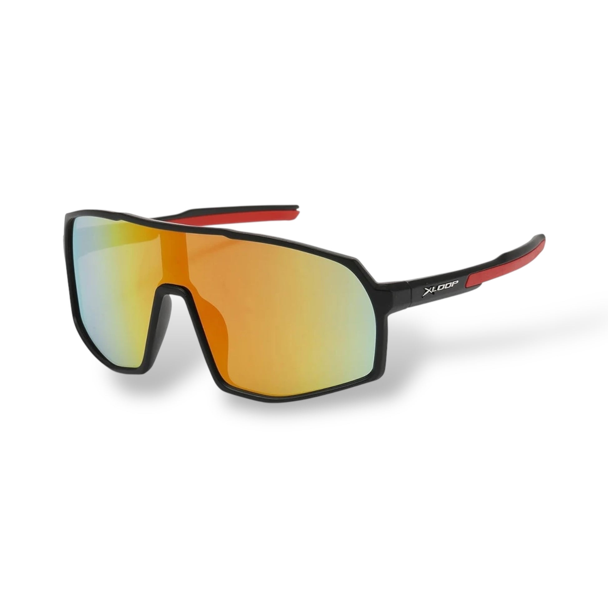 Sunglasses with orange reflective lenses and black frame on a white background