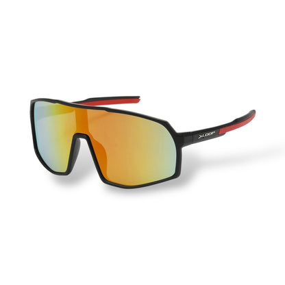 Sunglasses with orange reflective lenses and black frame on a white background
