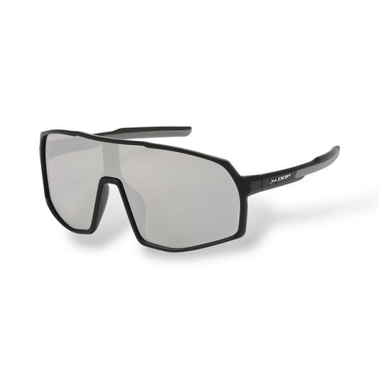 Black sunglasses with reflective lenses on a white background