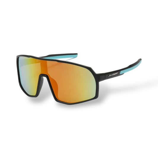 Sunglasses with orange reflective lenses on a white background
