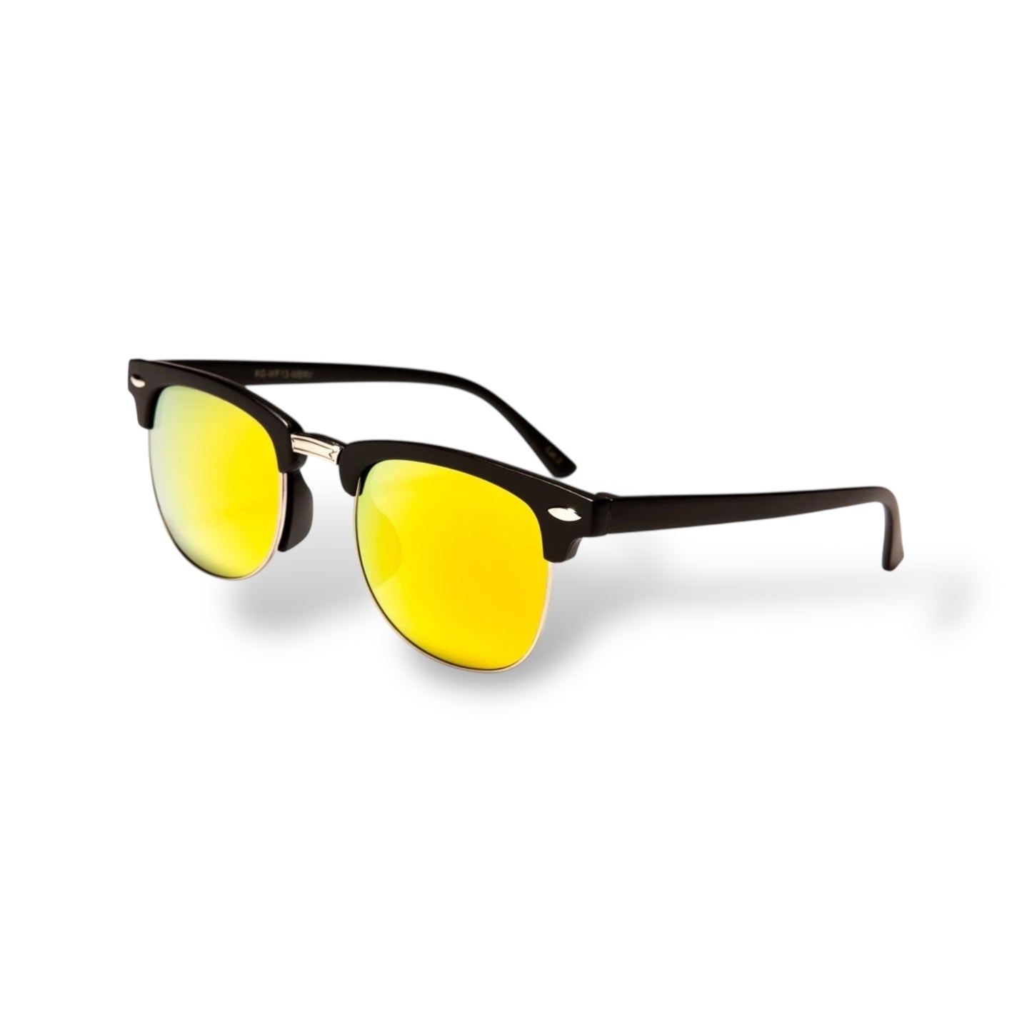 Black-framed sunglasses with yellow lenses on a white background