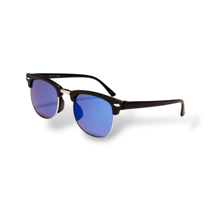 Sunglasses with black frame and blue lenses on a white background
